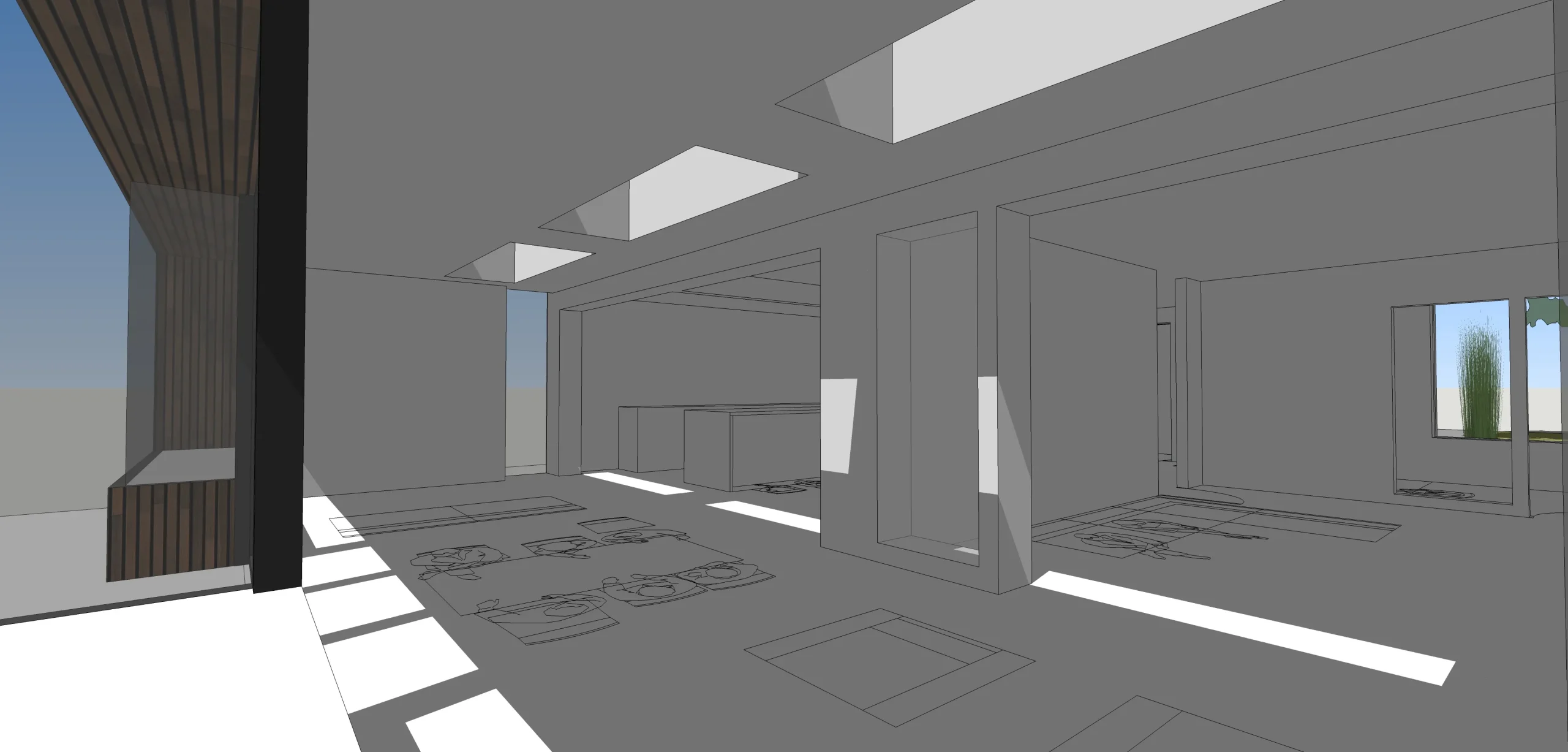 Sketch view of interior showing open plan space linking kitchen, lounge, dining and living room