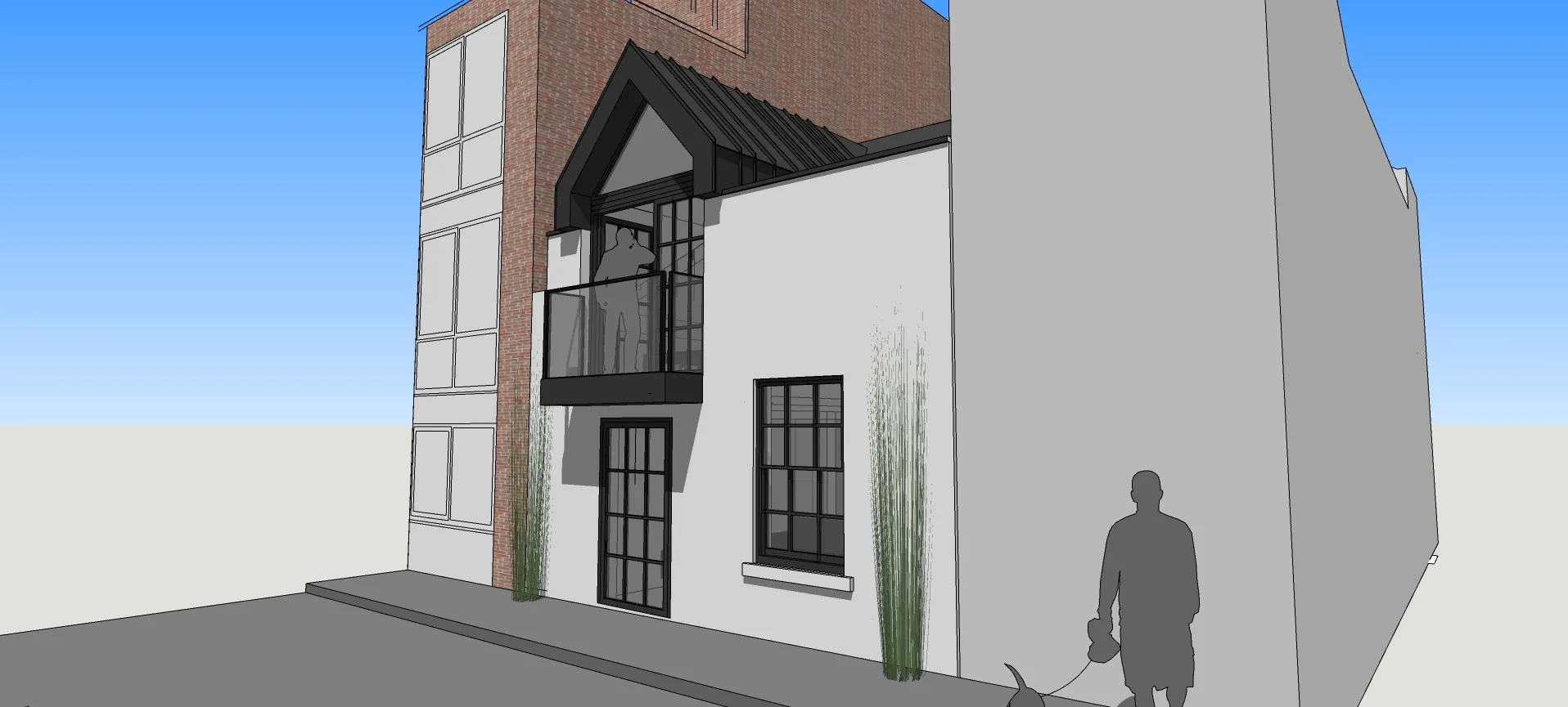 Sketch view illustrating rejuvenated elevation with re-shaped dormer and balcony.