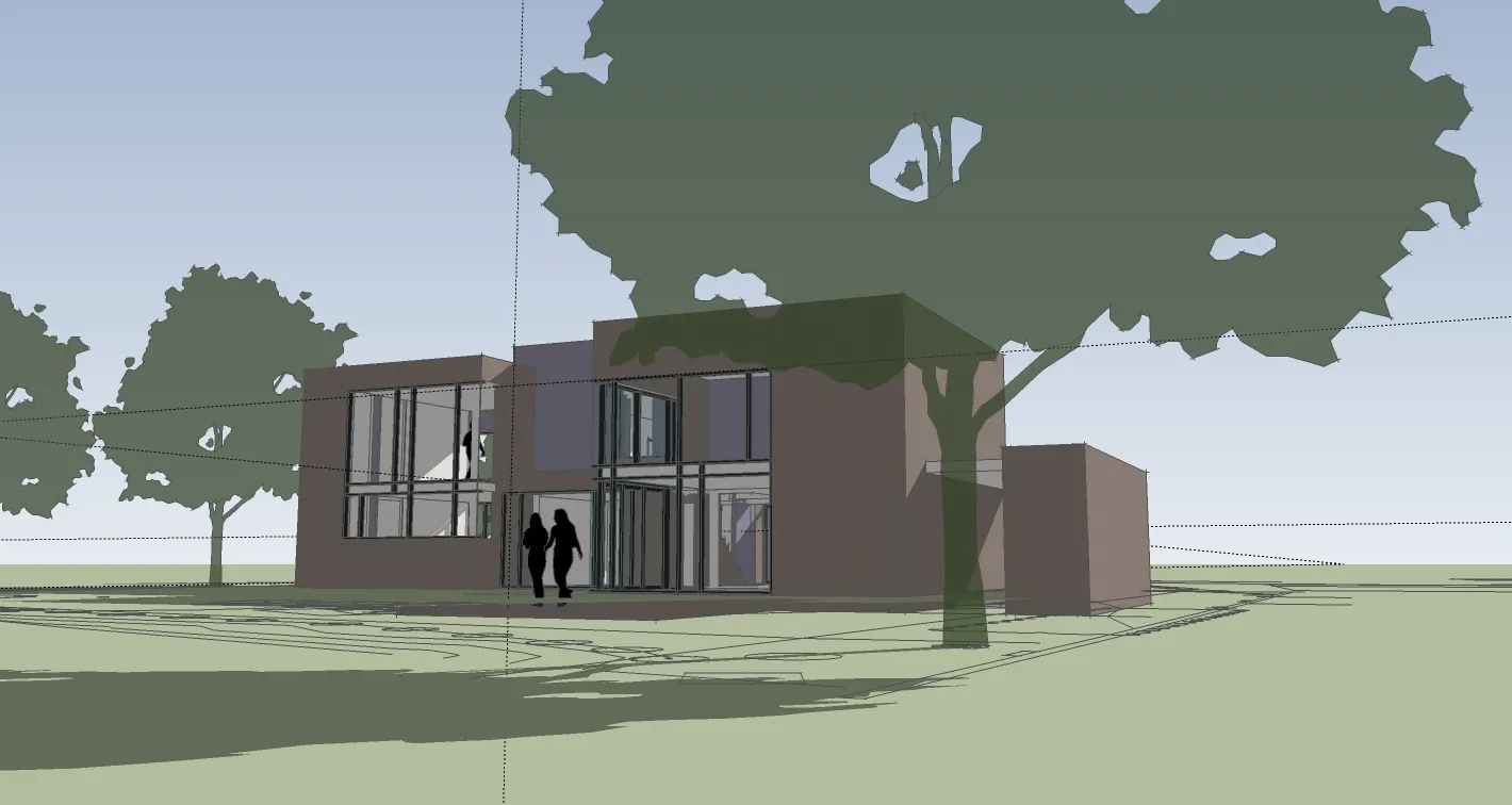 Early concept sketch view of dwelling at rear