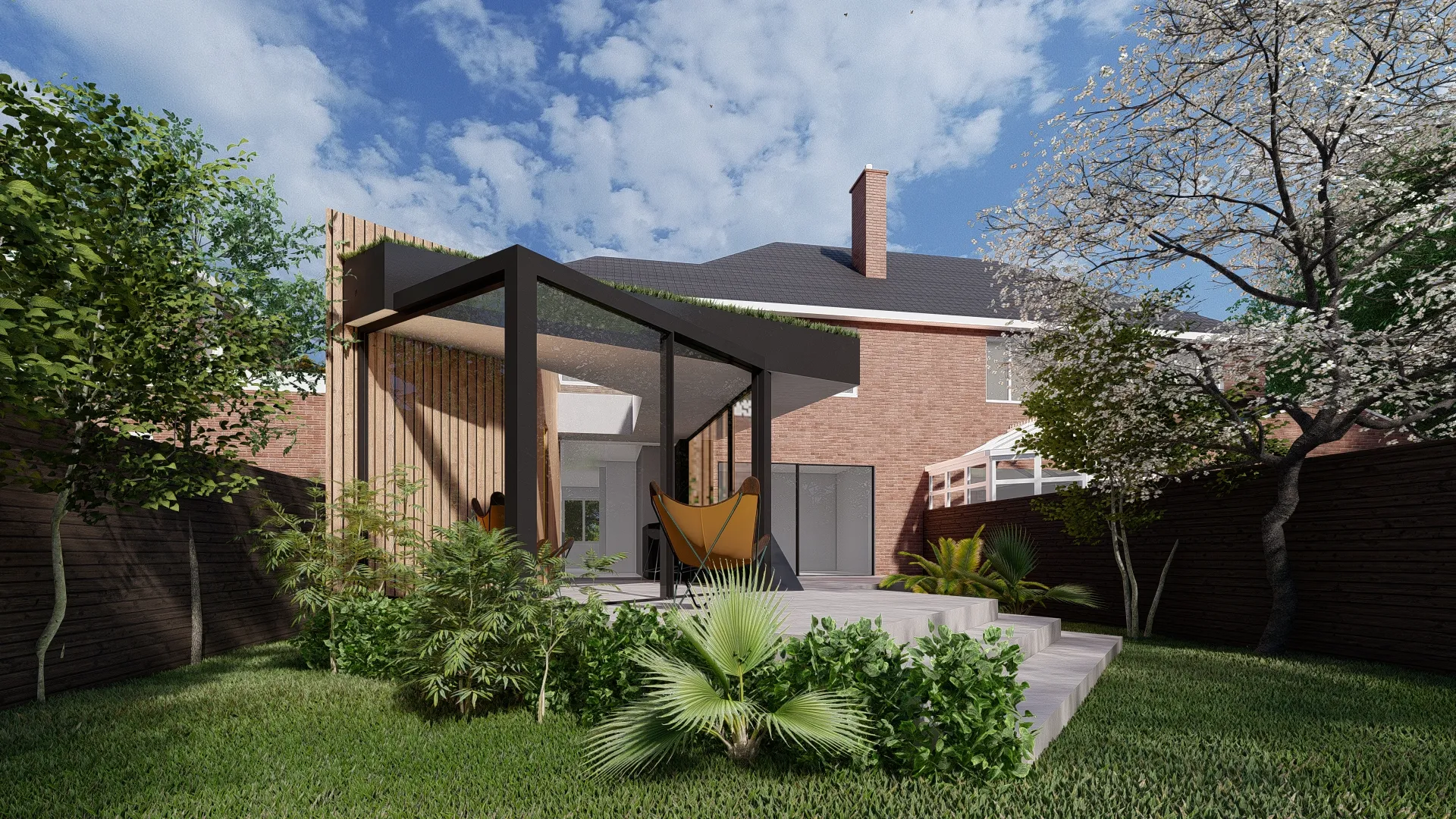 Visual of proposal showing roof plane and glazed structure anchored by timber clad spine.