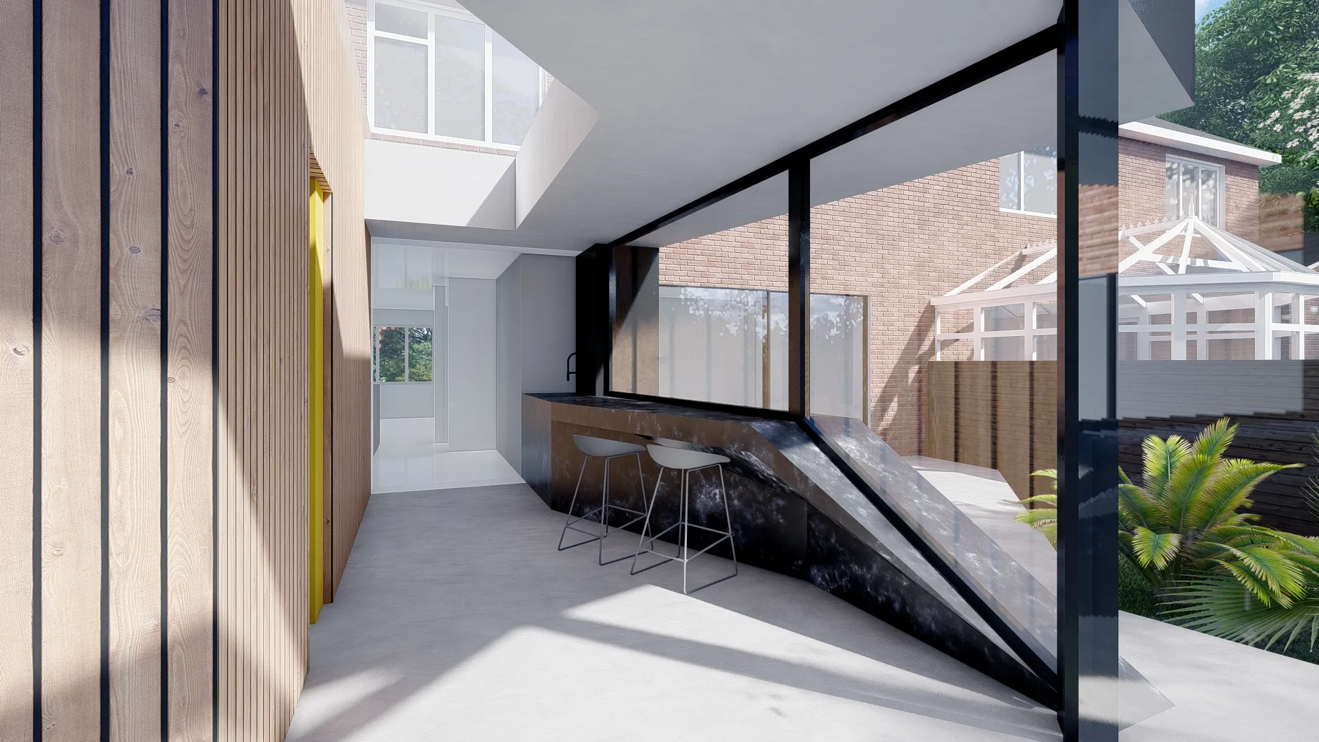 Visual showing internal view of kitchen counter descending to a point