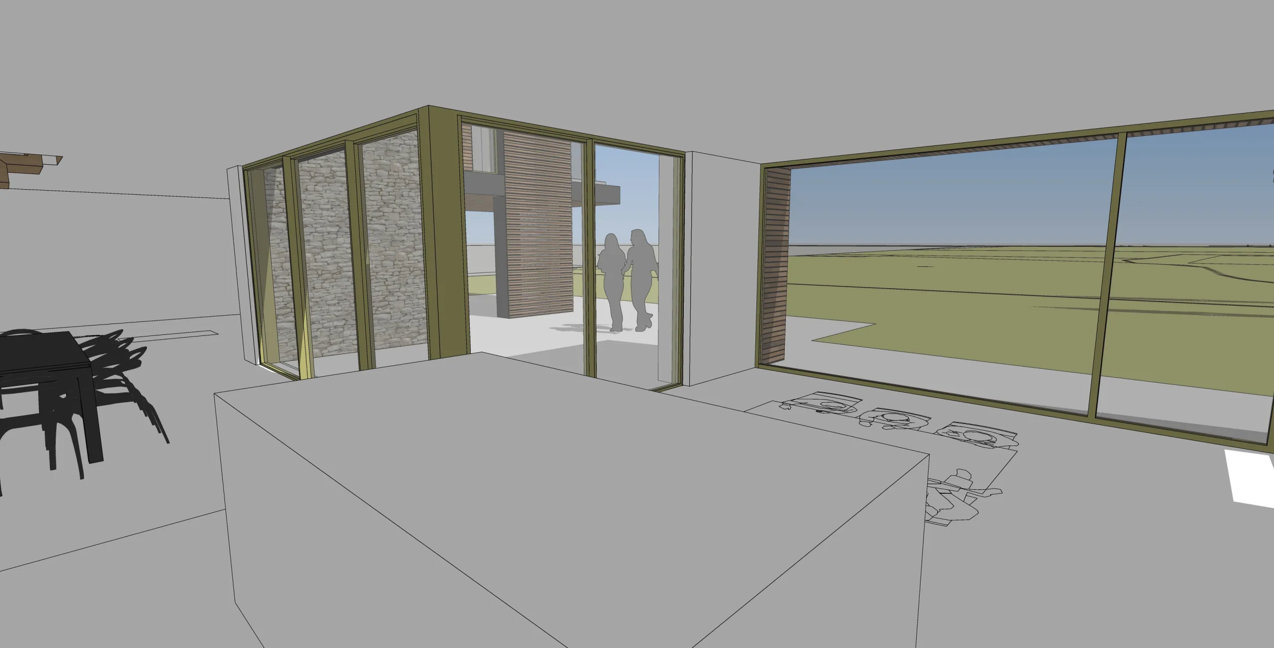 Sketch view of concept showing view from kitchen looking across dining and into field beyond