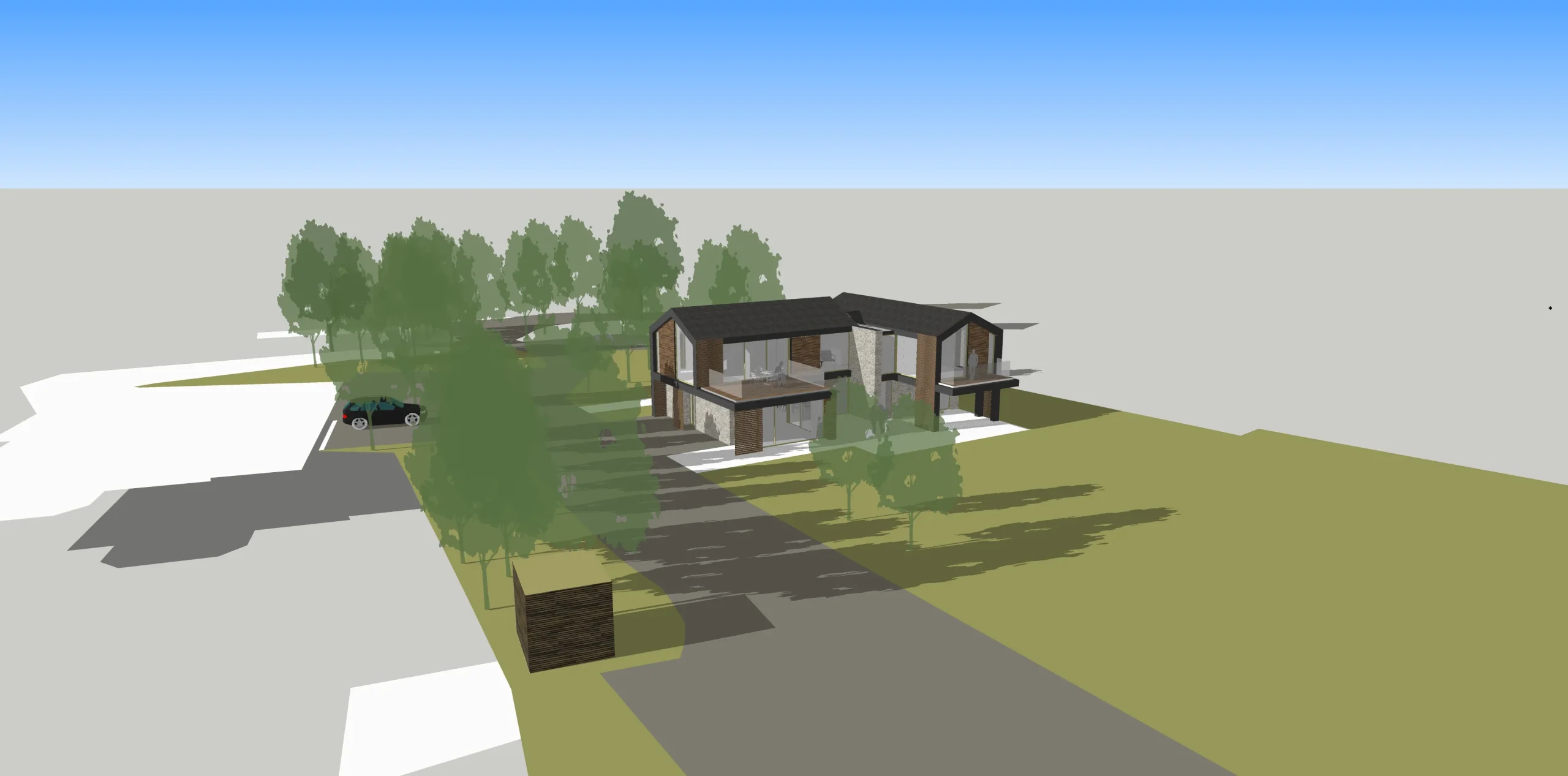 Sketch view of concept showing the massing and combination of stone, timber and slate roof tiles.