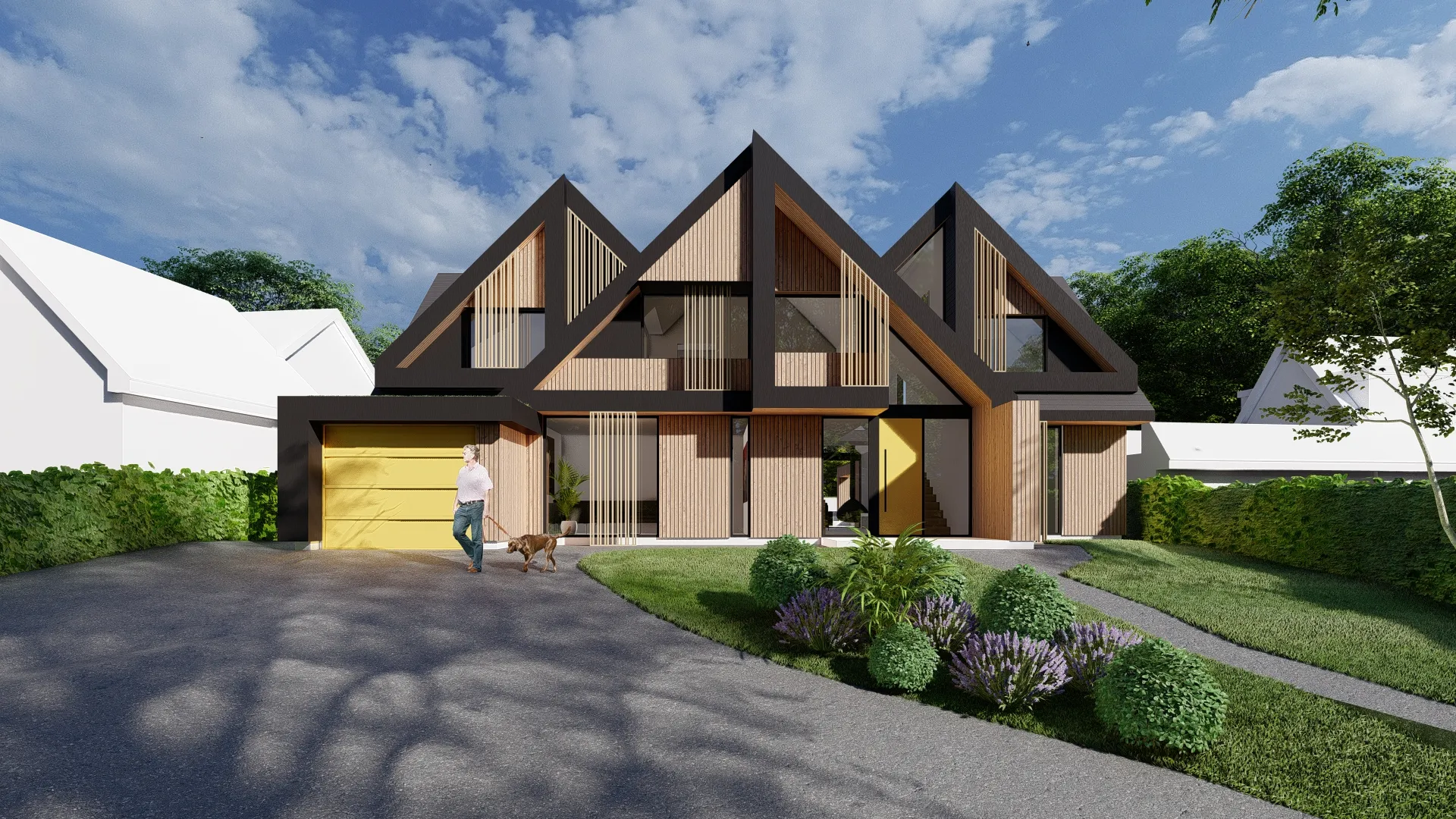 Visual showing the proposed dwelling frontage. Composite timber and Equitone cladding.