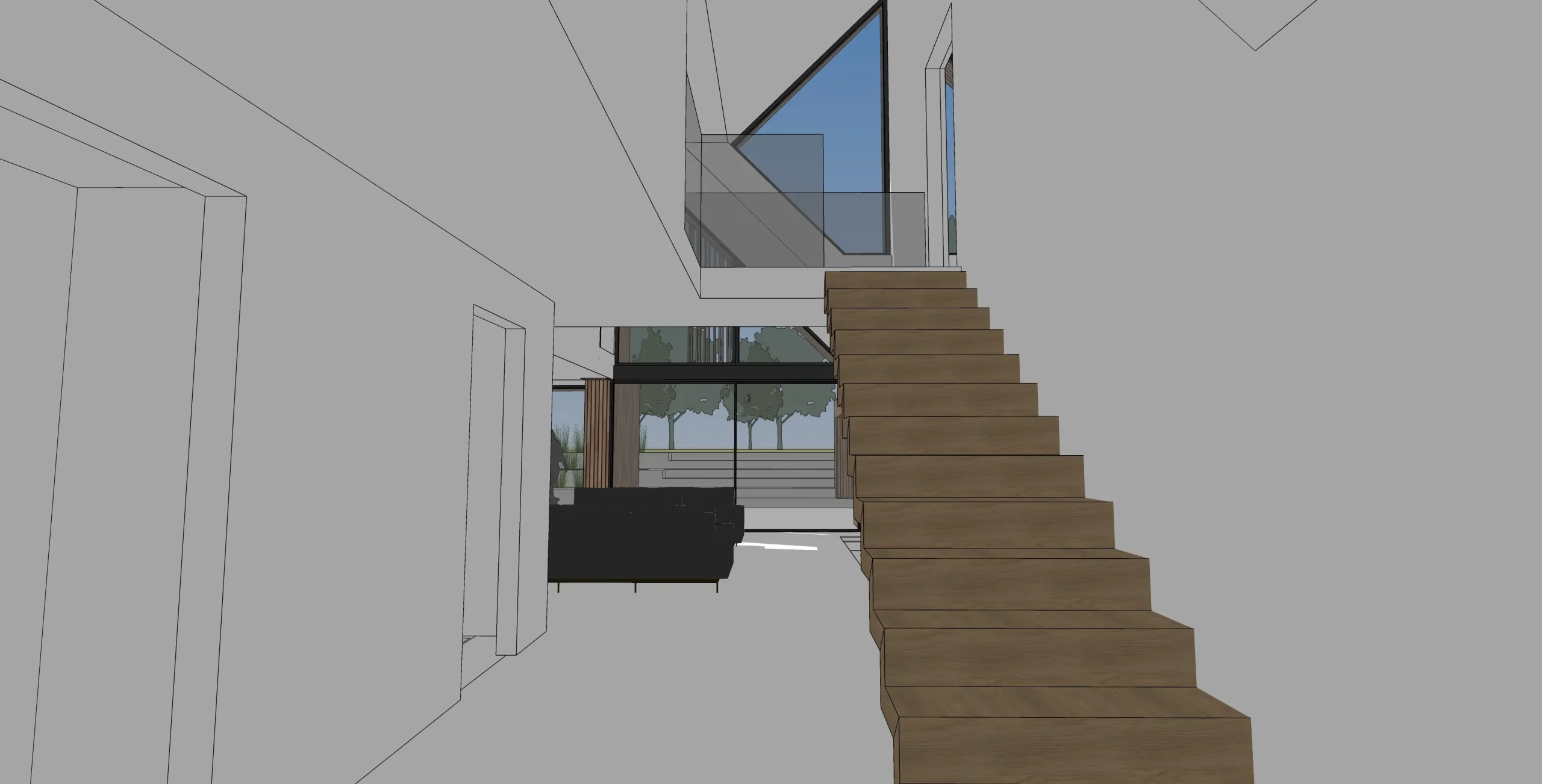 Sketch view of concept showing double height entrance hall connecting into lounge beyond