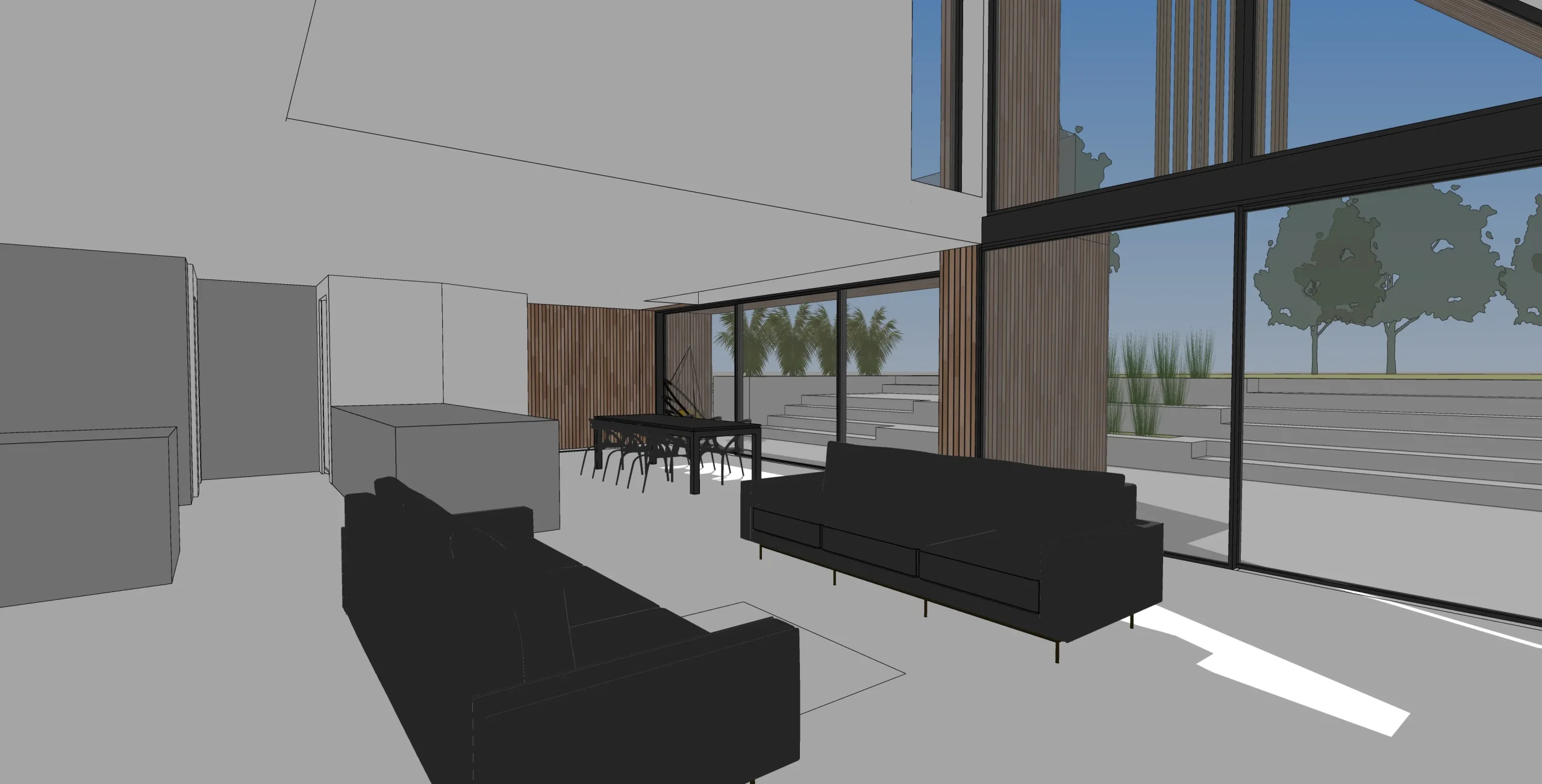 Sketch view of concept showing open plan space linking lounge, dining and kitchen