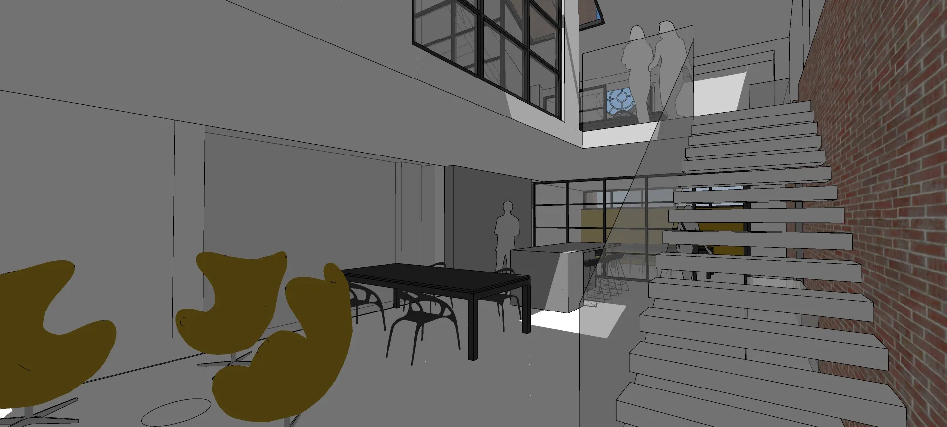 Sketch view of concept showing new double height space connecting ground and first floor levels
