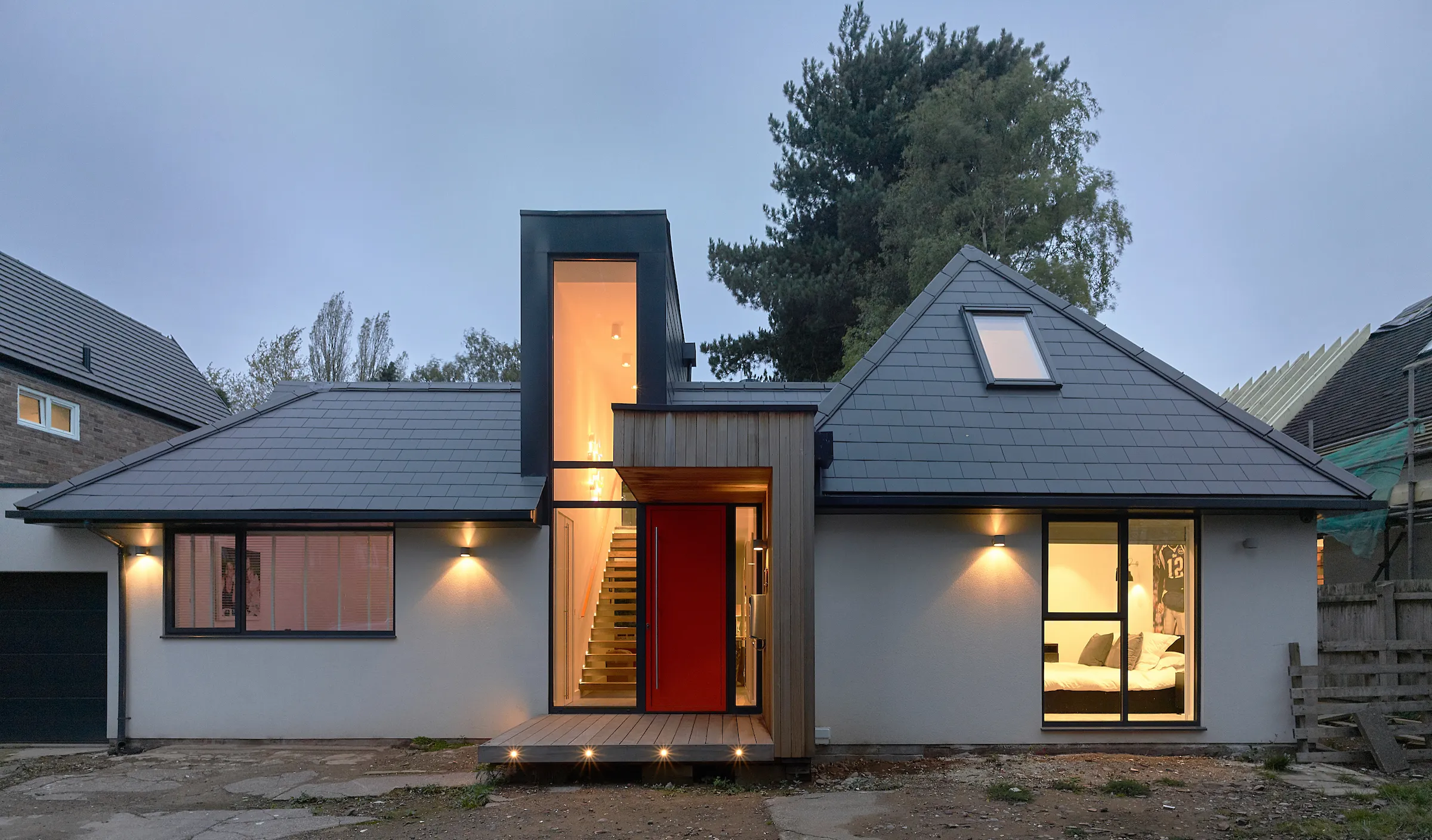 Modernised dwelling frontage with two storey entrance feature