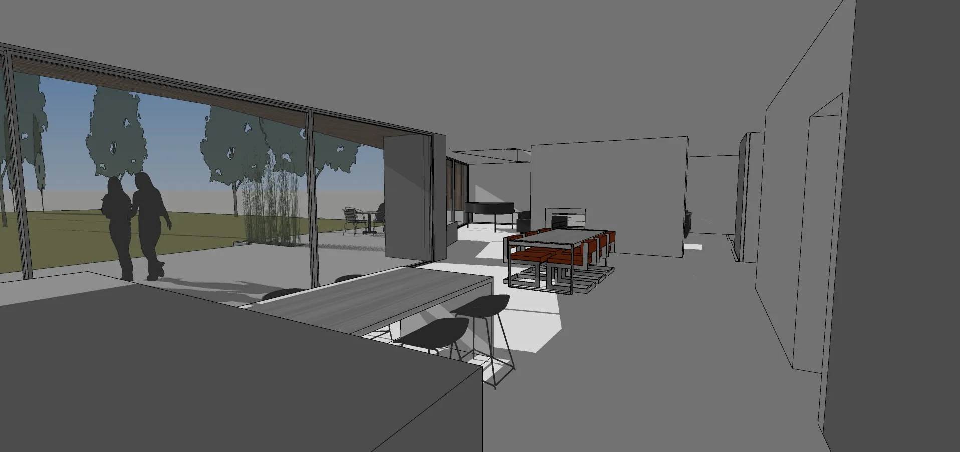 Sketch view of concept of the multi-zone space linking kitchen, dining and lounge, with central fireplace