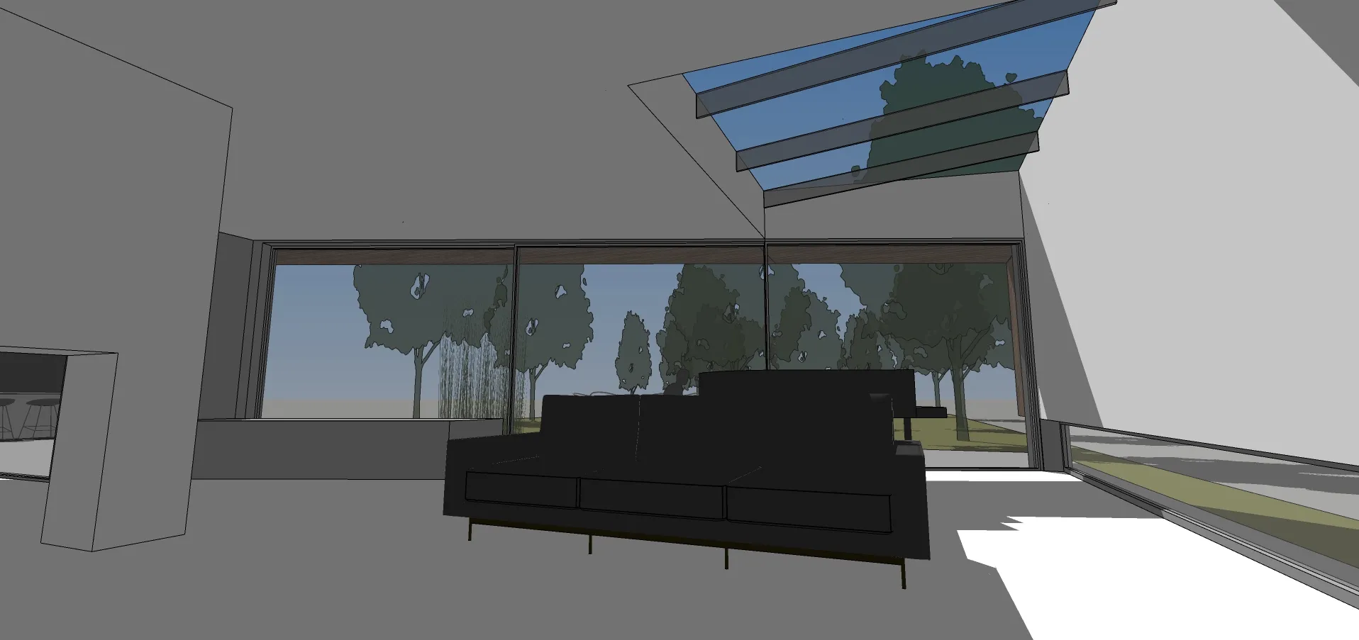 Sketch view of the lounge, featuring triple glazed sliding doors, central fireplace, skylight and floating wall.