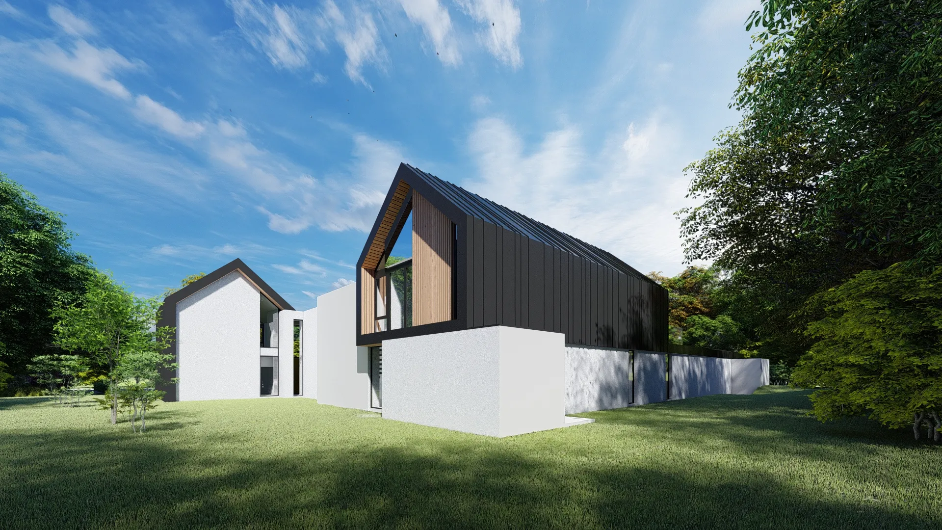 Visual showing rear of dwelling with zinc roof hovering over rendered base