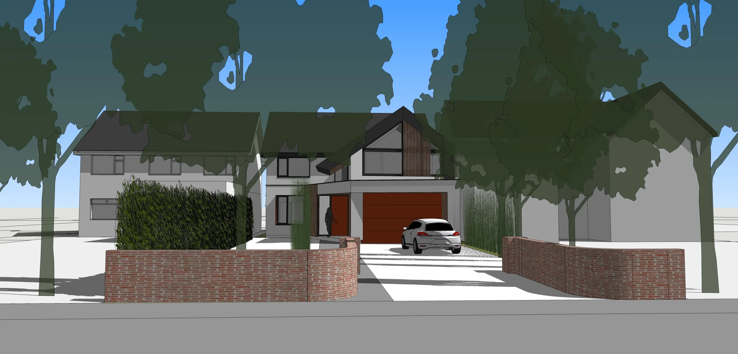 Sketch view of the front of the house, at planning stage