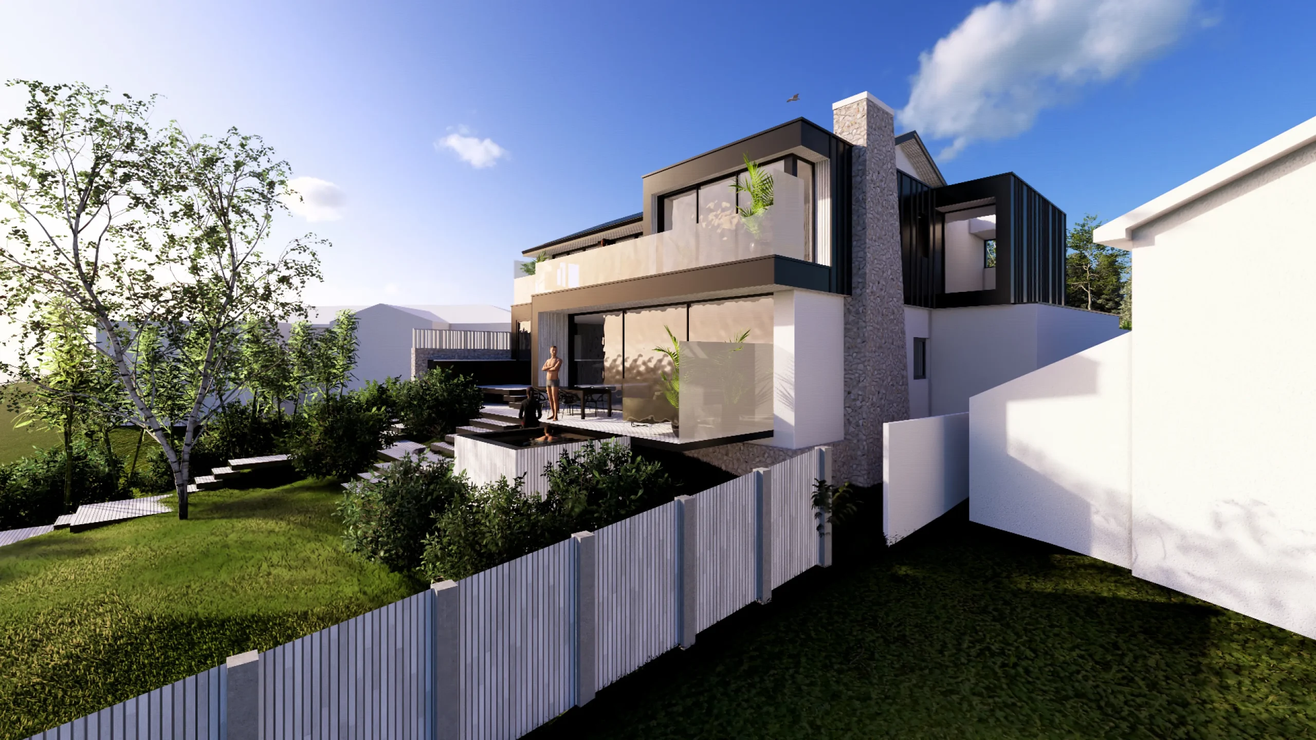 Visual of proposed rear with extension elements in standing seam cladding, wrapping across side and rear faces