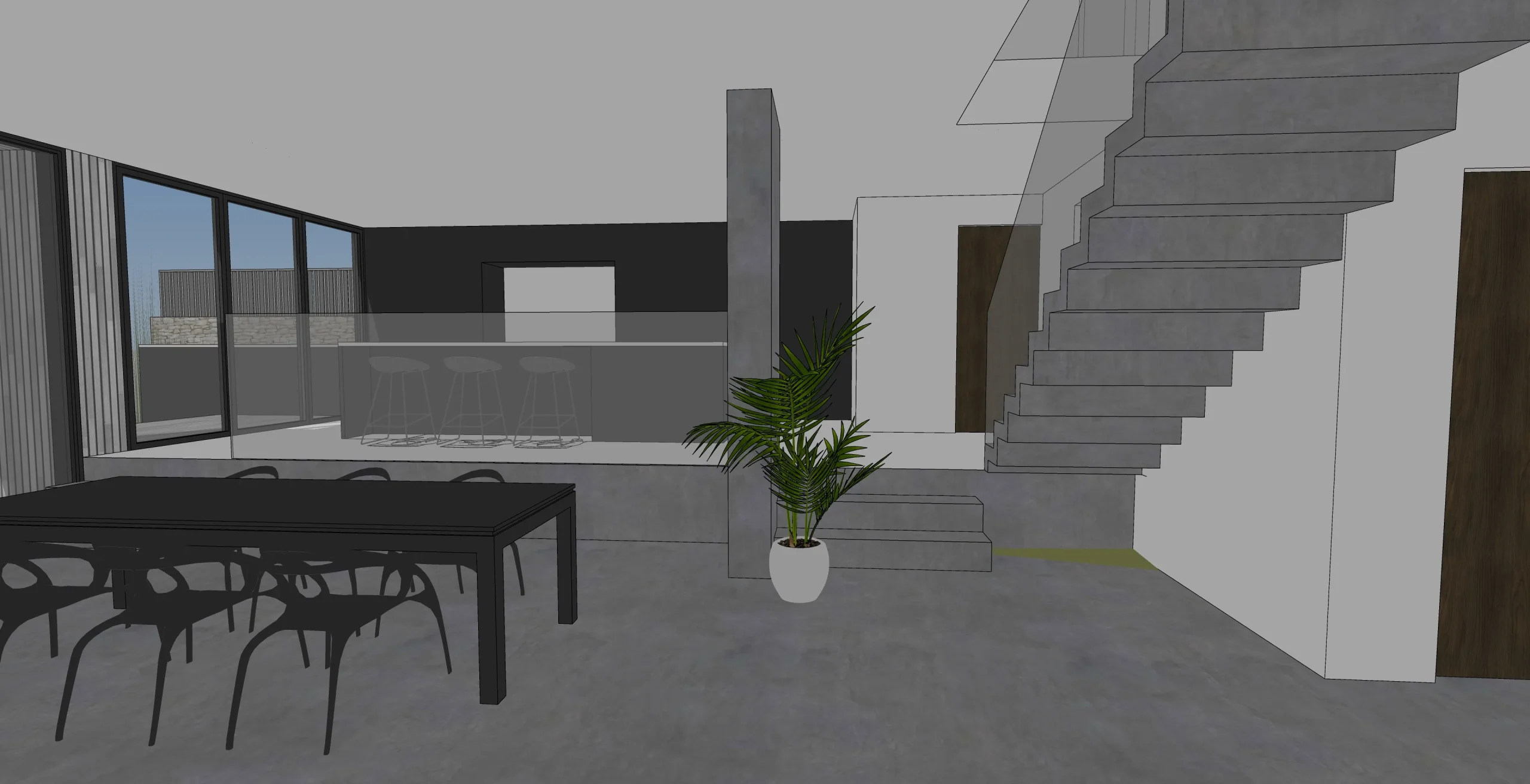 Sketch view showing the concept for the open plan space with split level