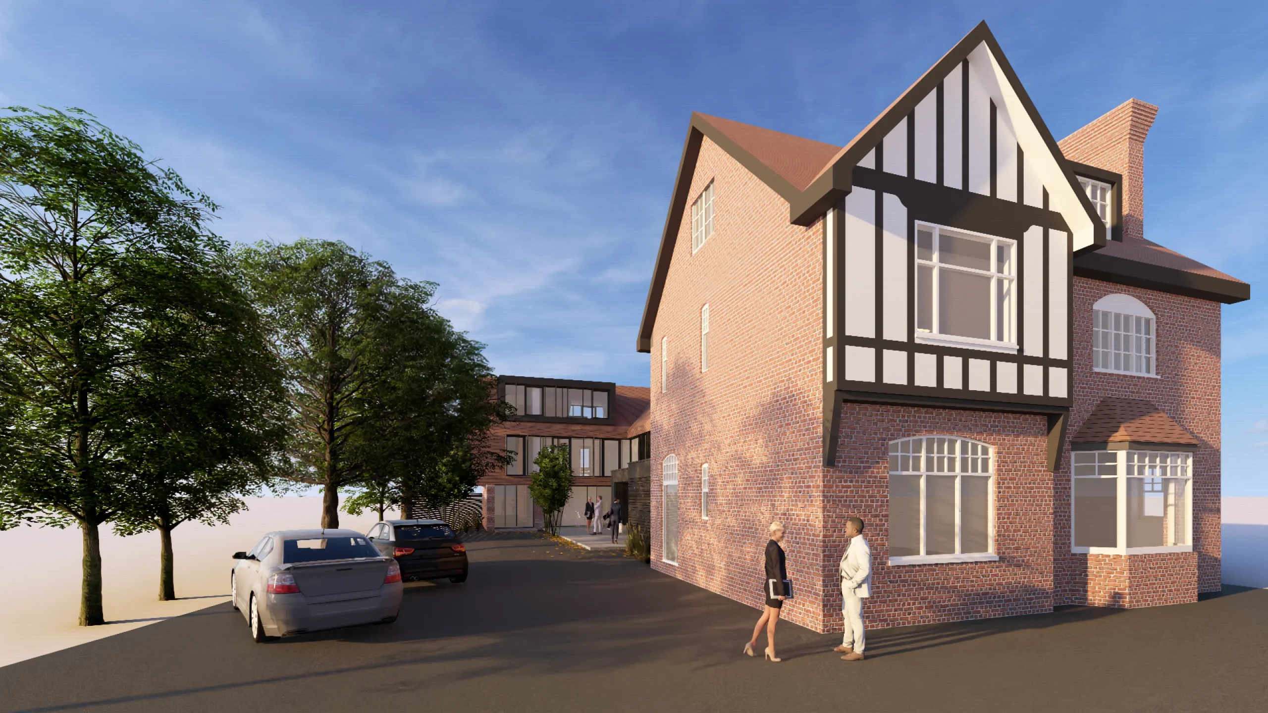 Visual showing the existing Victorian office in the foreground with the extension at the rear.