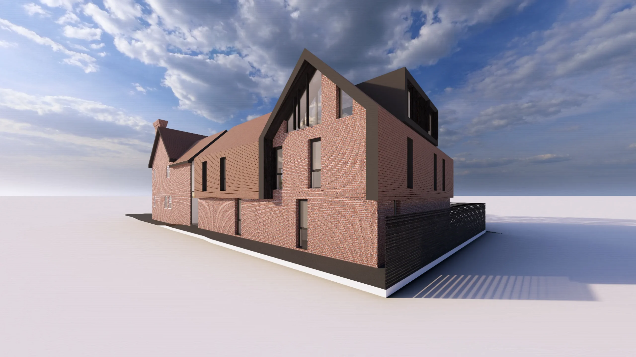 Visual of the side elevation with the extension in the foreground, featuring an expressed gable end with clay tiles wrapping down vertically either side.
