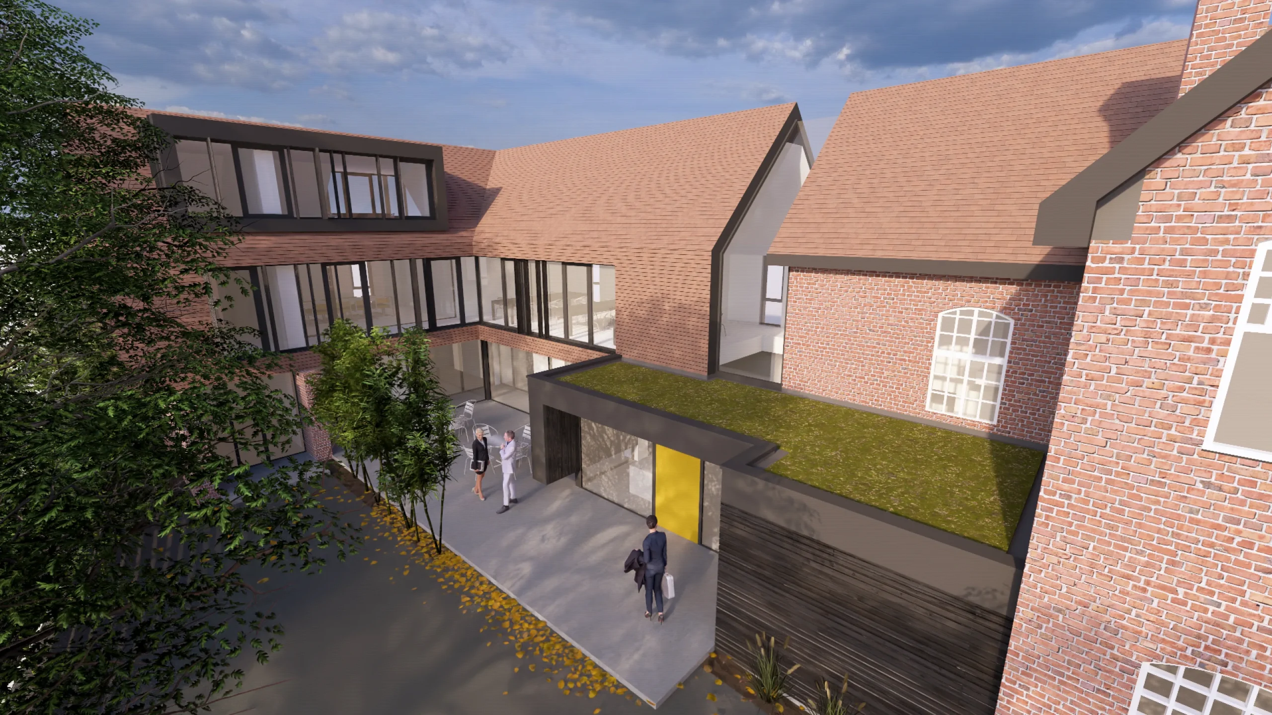 Visual showing 3 storey extension to the left of the glass seam, with new entrance below and arrival courtyard.