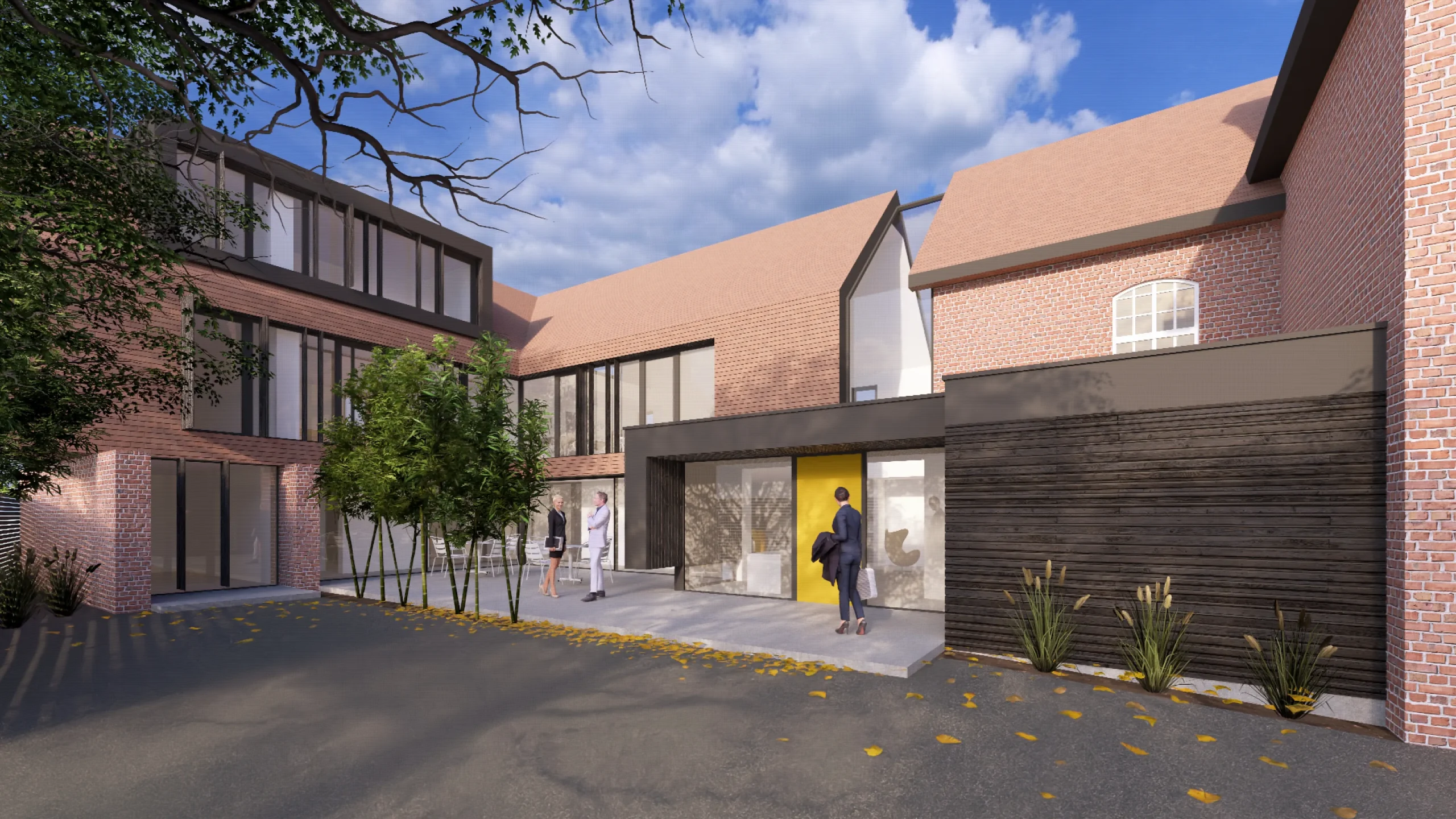 Visual showing the 3 storey extension, new entrance feature, and glass seam above.