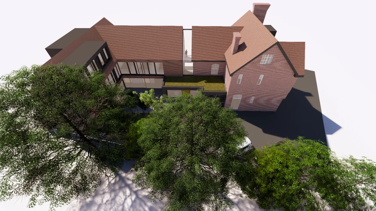 Visual showing high level view of the existing Victorian office to the right, the 3 storey extension to the left, joined by a glass seam and new entrance feature.