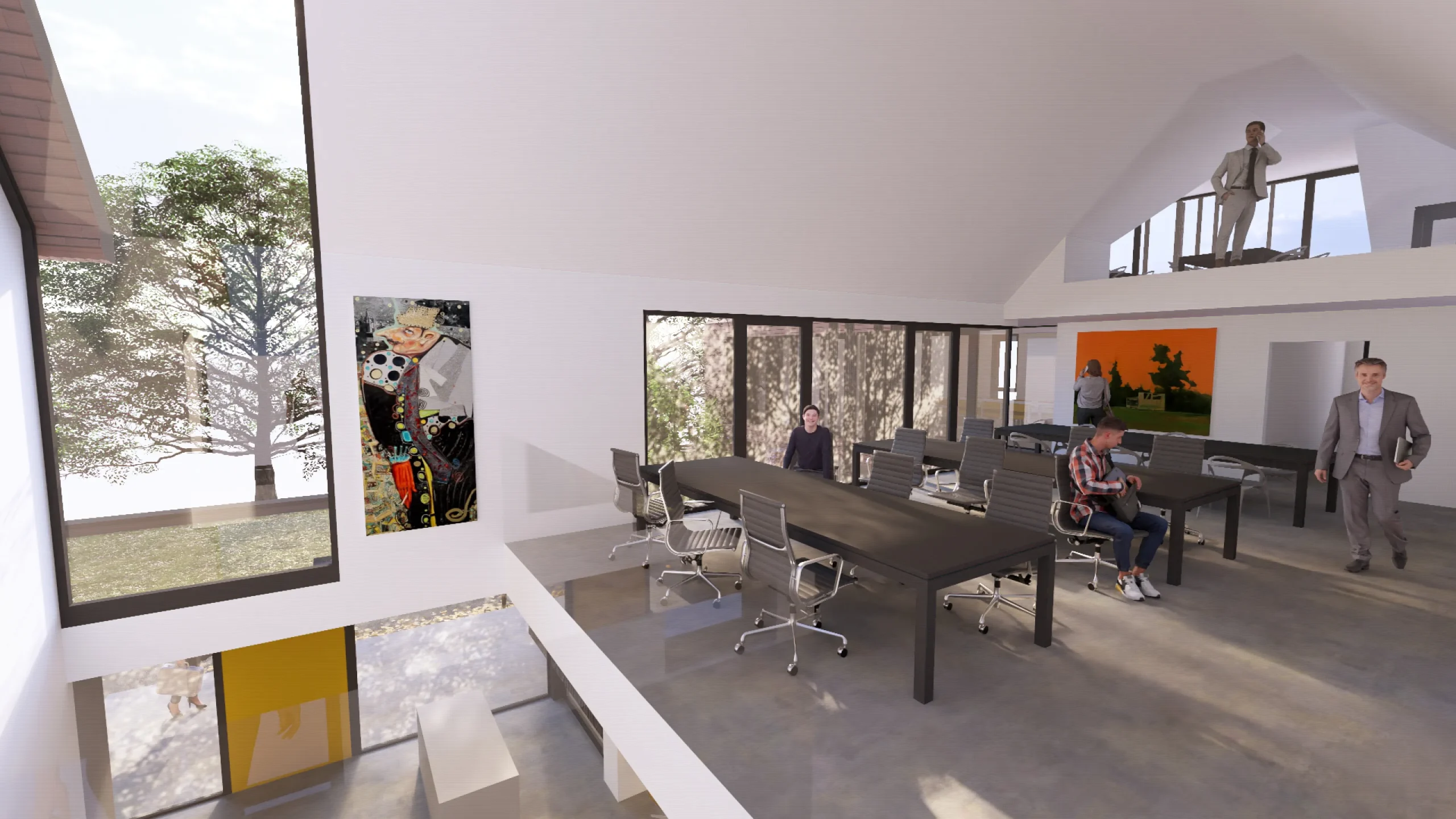 Visual showing the atrium over the foyer, with open plan office at first floor.