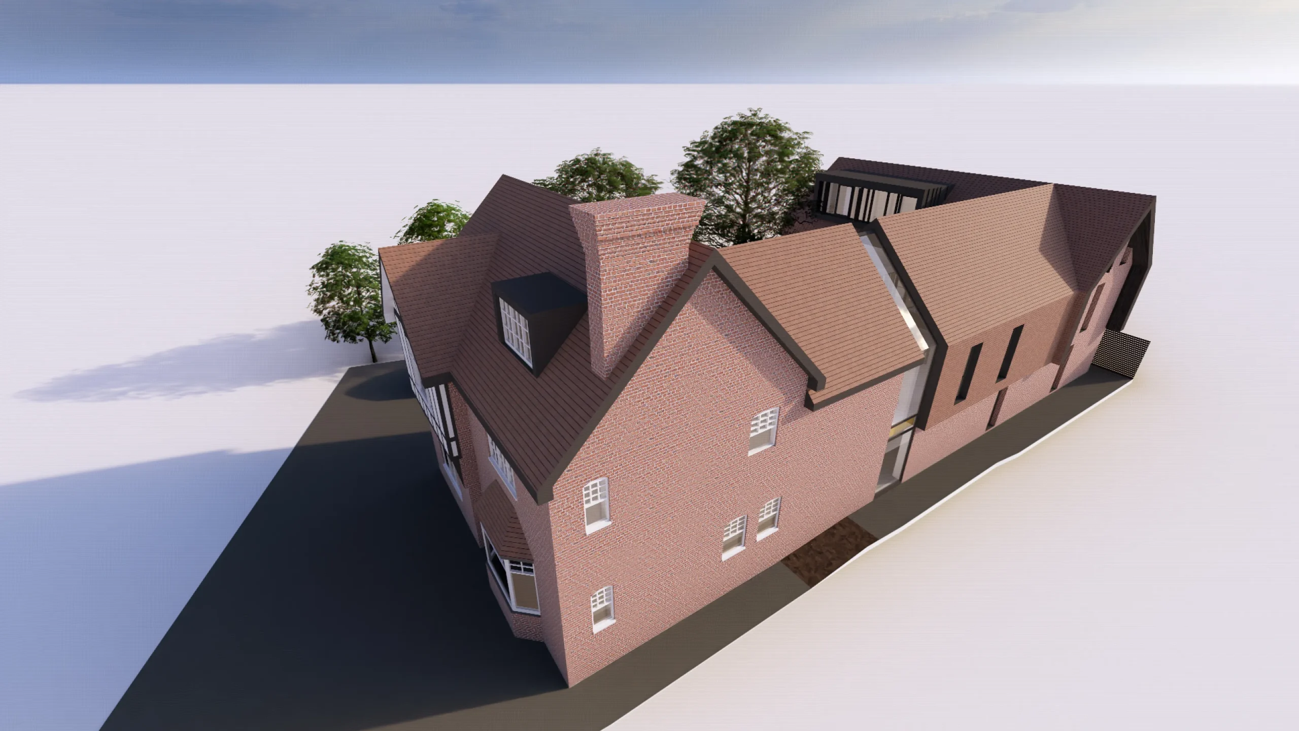 Visual showing the existing office in the foreground, with the extension the the rear.