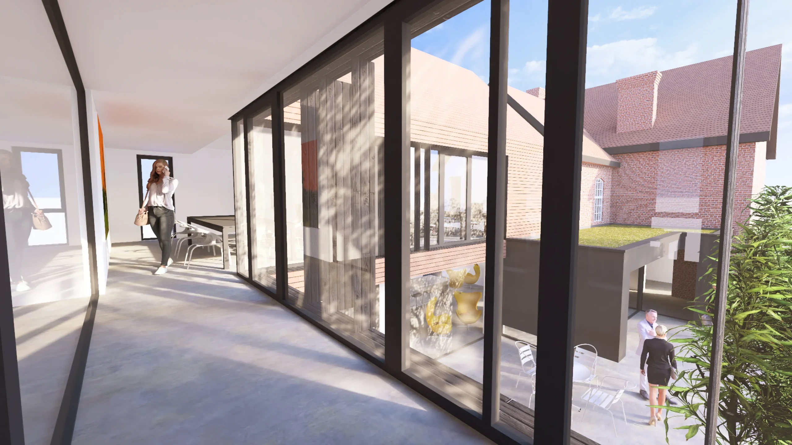 Visual of view outside the conference room looking outside across the arrival courtyard