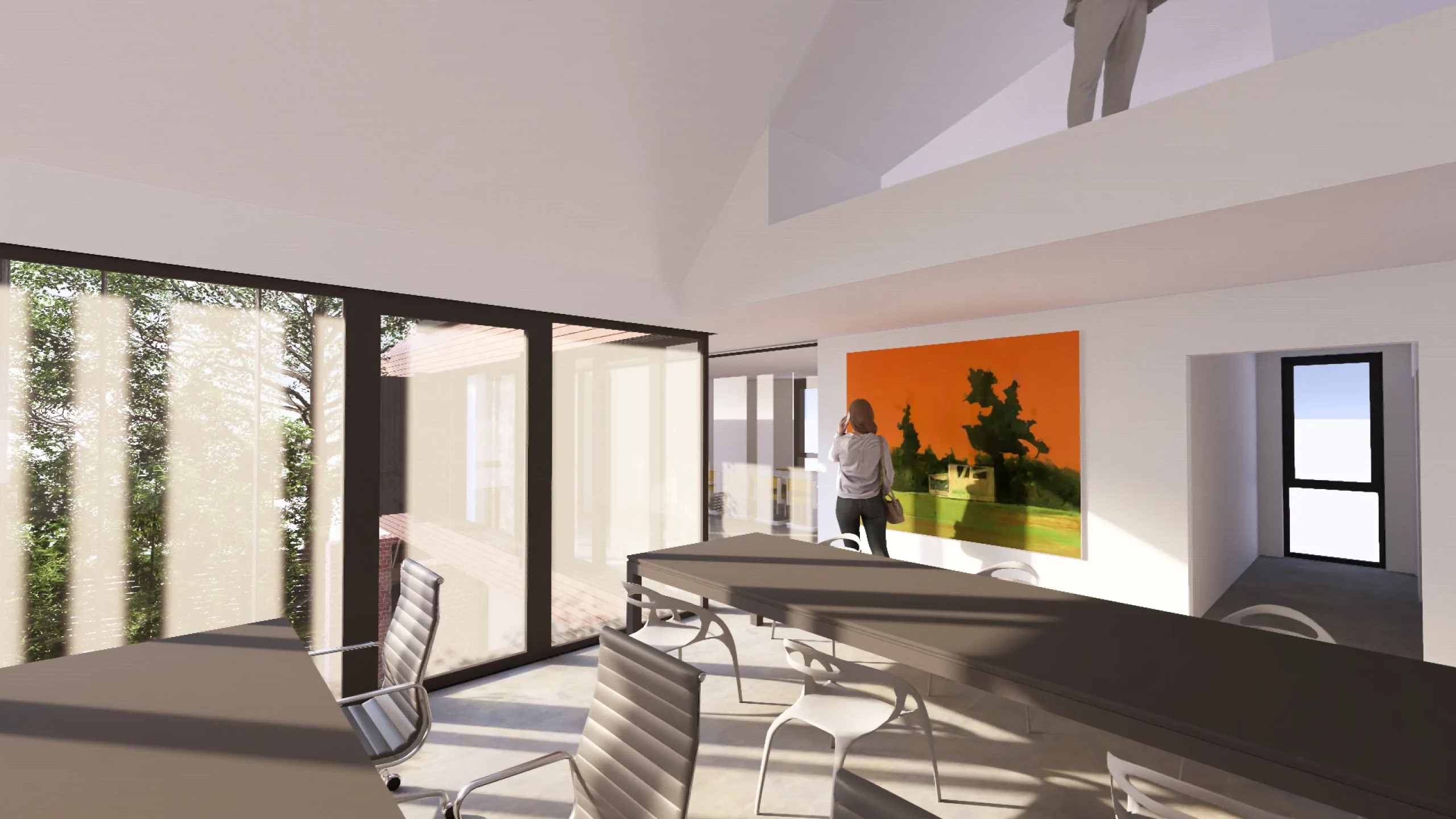 Visual illustrating light and airy open plan hot-desk workstations.