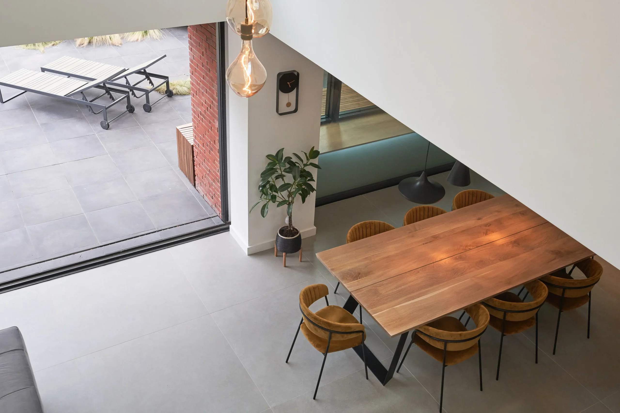 View from internal bridge looking down at dining area