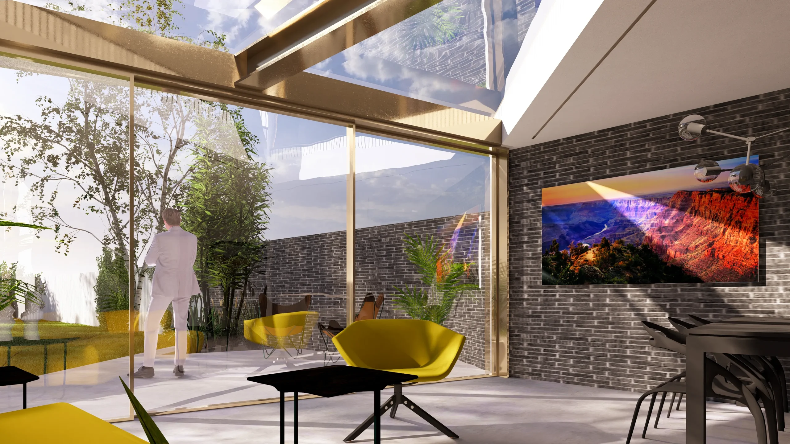 Visual showing the gold framed glazing, exposed brick wall, and angled geometry creating a dynamic, high impact room