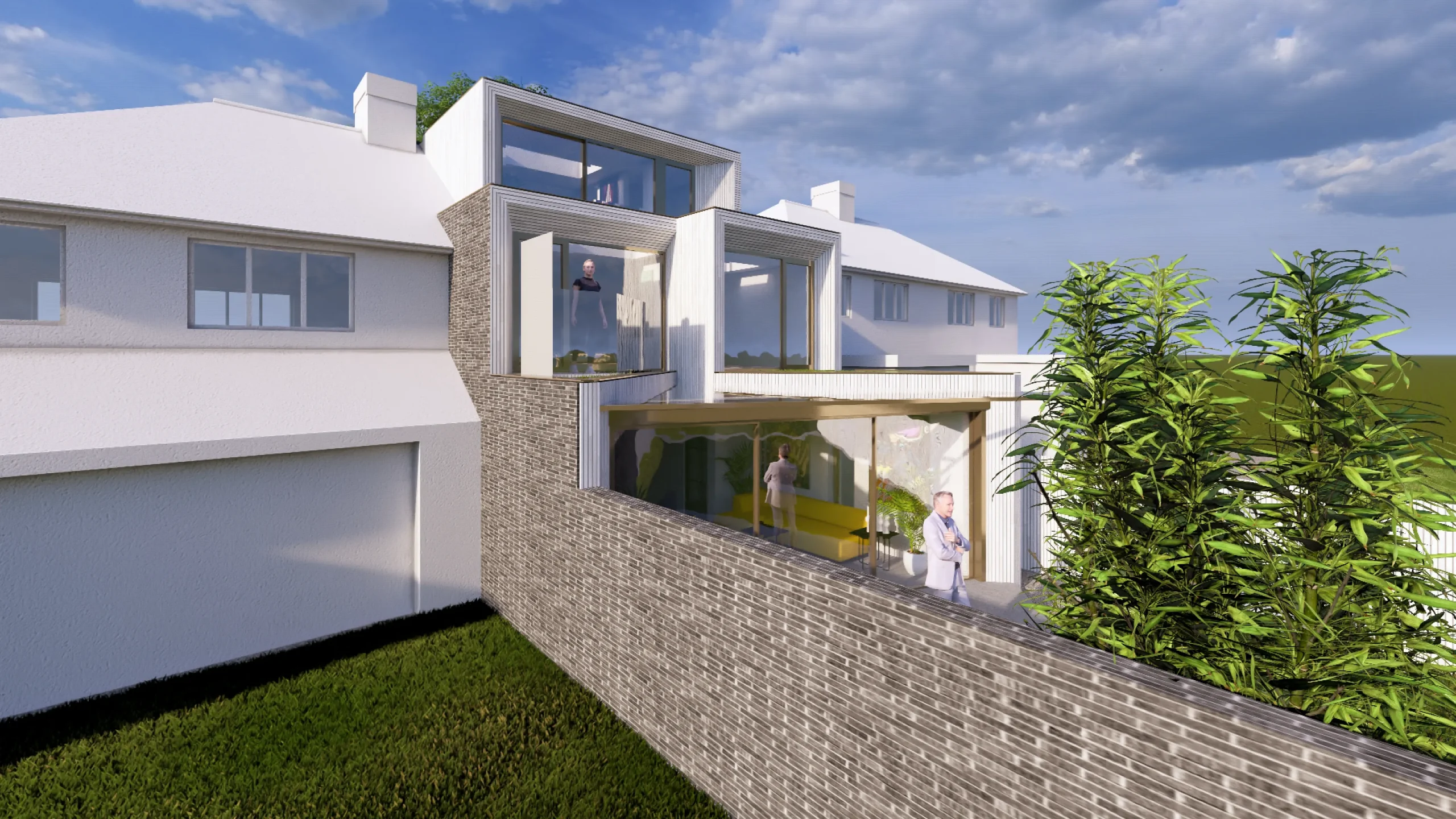 Visual of the proposals as seen from the neighbour’s garden. Facing brick at the boundary wall, a burnt white timber cladding and gold coloured metalwork