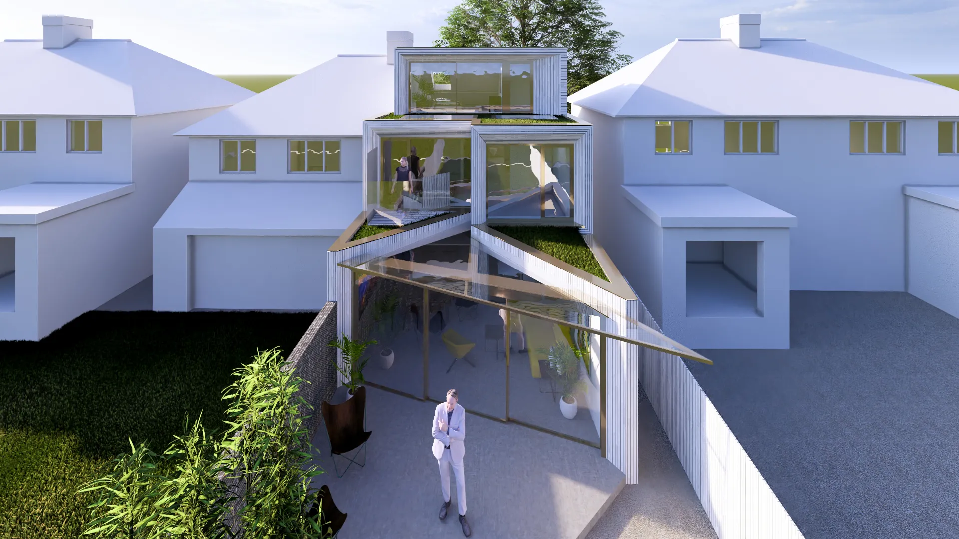 Visual of the proposal showing 3 three level extensions and the small glass shard canopy