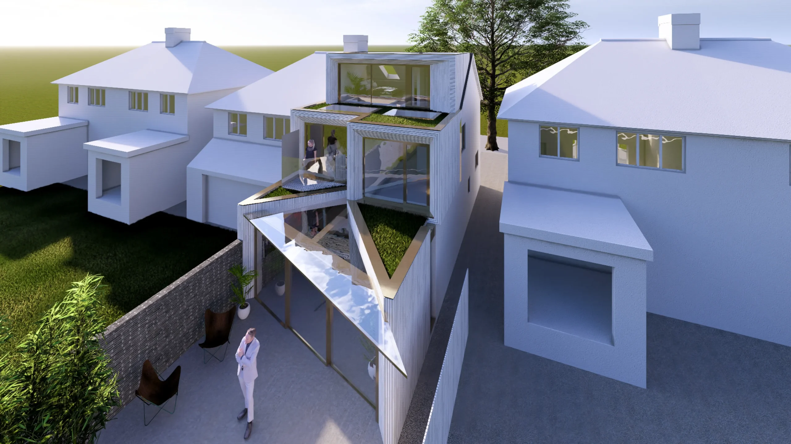 Visual of the proposal showing 3 three level extensions and the small glass shard canopy