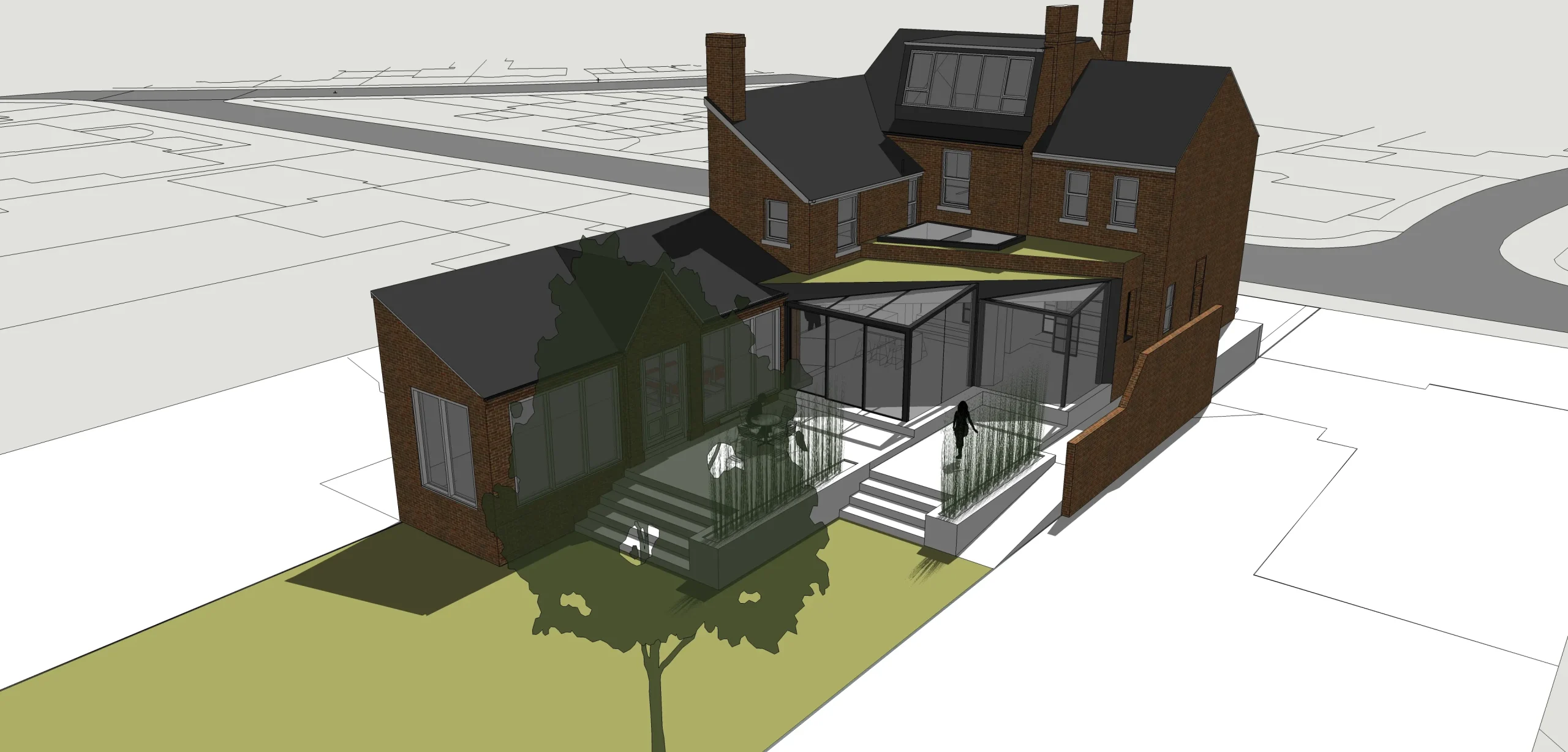 Sketch view of the concept where glass cubes push beyond the 45 degree code line.
