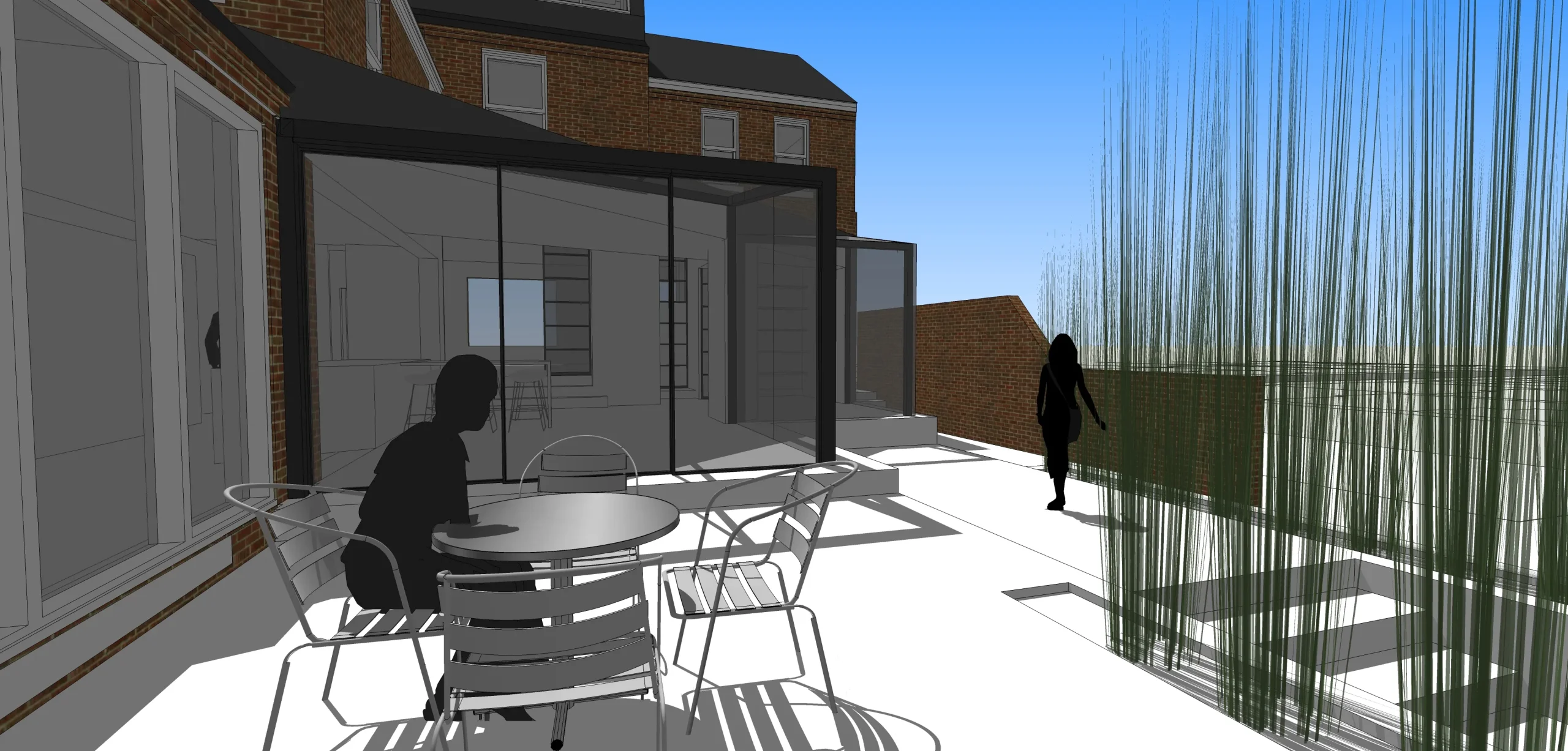 Sketch view illustrating the proposed glass cubes and new terrace.