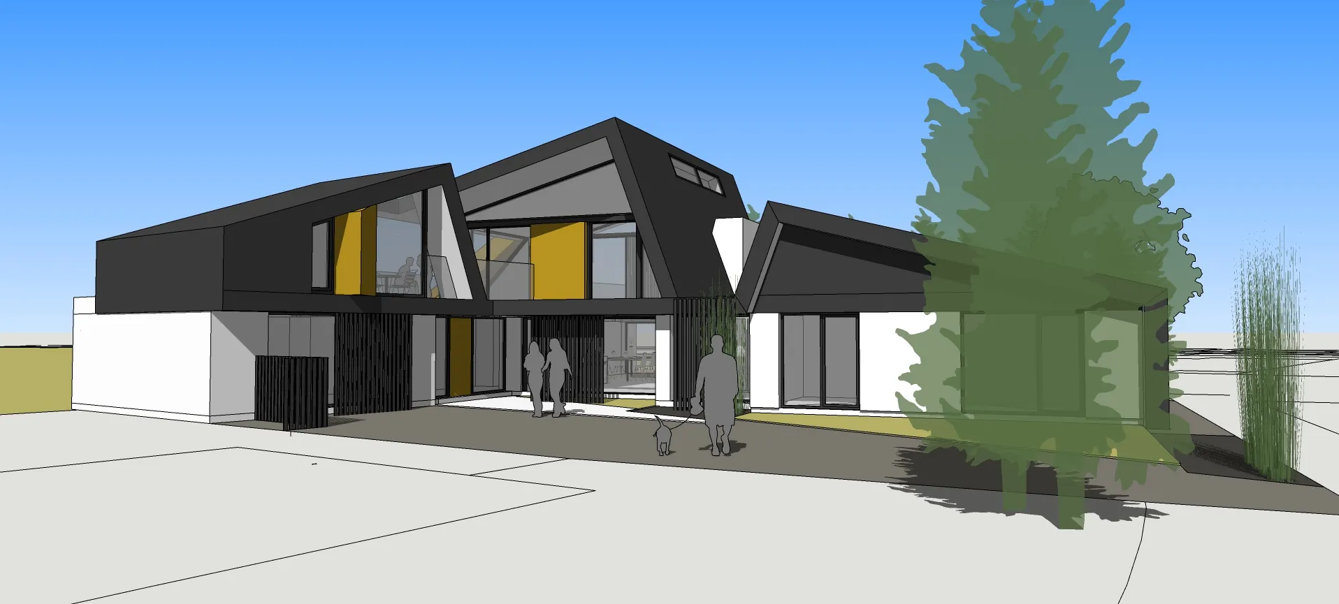 Conceptual 3D massing model of Sandal Rise showing angular roof forms, first-floor volumes, and a sheltered front courtyard defined by layered façades and vertical screens.