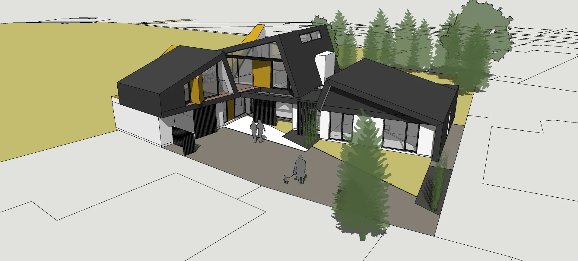 Conceptual 3D model of Sandal Rise showing stepped roof volumes arranged around a sheltered front courtyard, with first-floor bridges, vertical screening, and defined arrival sequence.