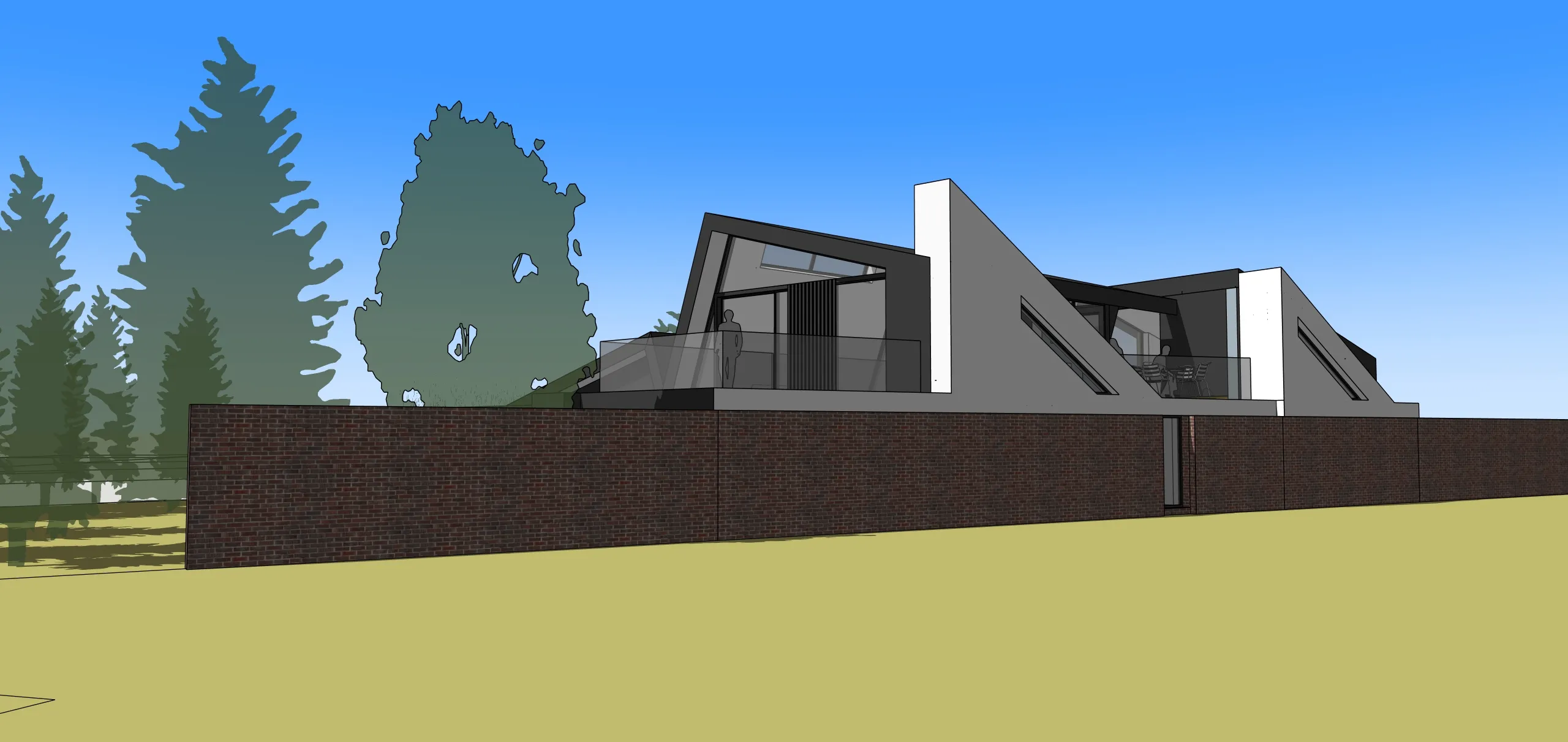 Conceptual elevation view of Sandal Rise showing angled upper roof forms and first-floor terraces set behind an existing brick boundary wall, addressing the adjacent cricket ground.