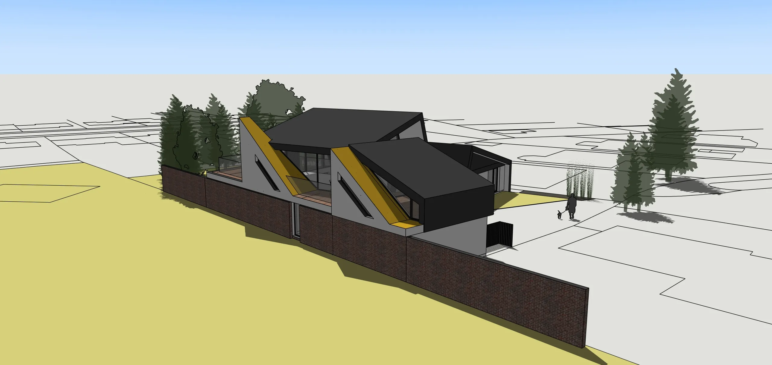 Conceptual aerial view of Sandal Rise showing sculpted roof forms and first-floor terraces aligned along the brick boundary wall, addressing the adjacent cricket ground.